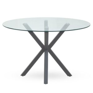 Sawford Round Clear Glass Dining Table With Grey Metal Legs