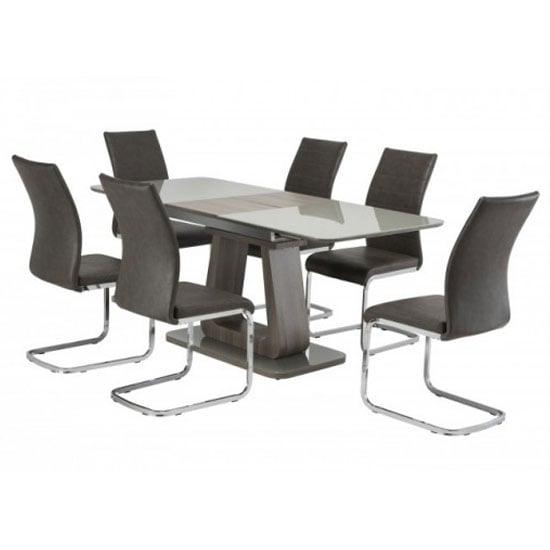 Calgene Glass Extending Dining Set In Grey With 6 Dining Chairs
